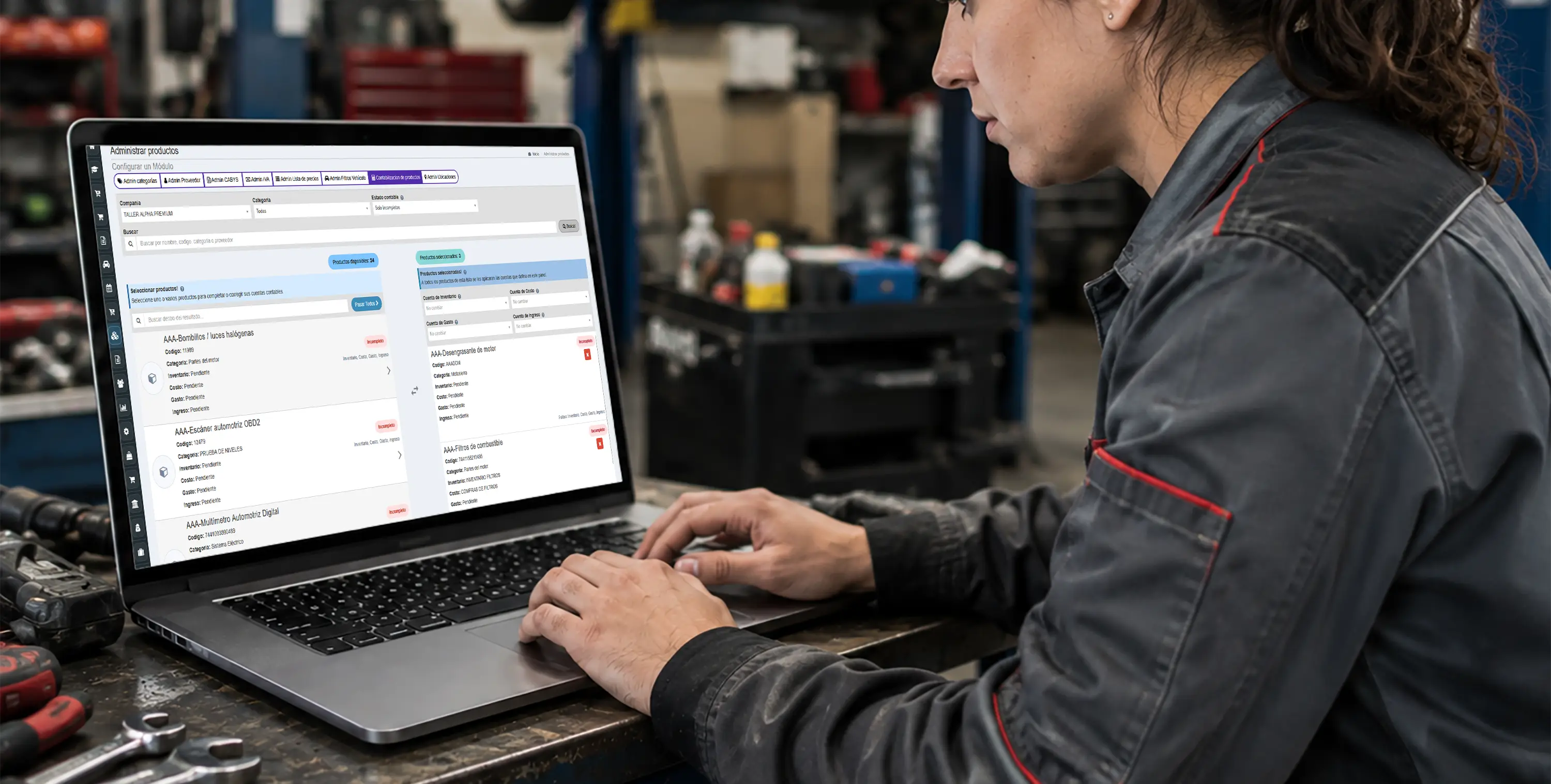 Contabilidad de productos conectada con inventario y ventas en talleres
