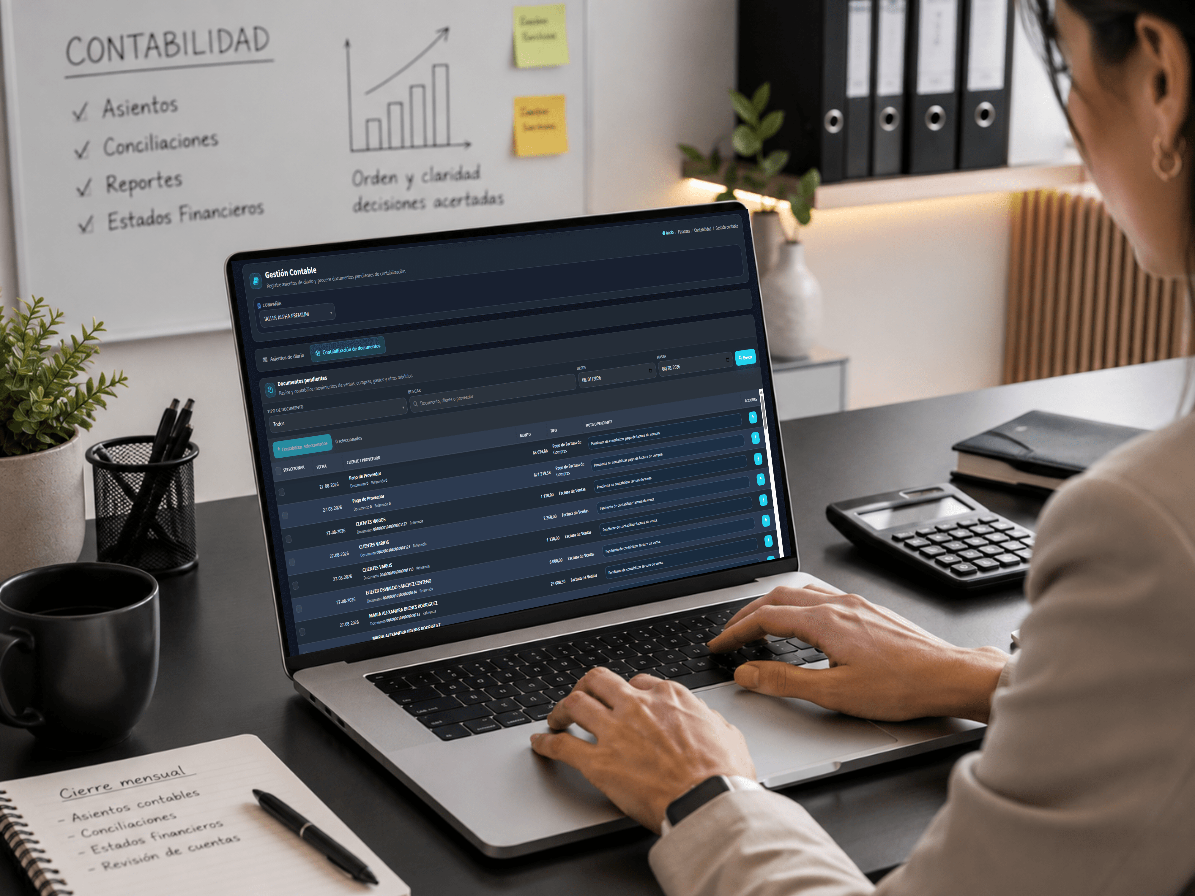 Taller Alpha document posting with pending sales, purchase and expense transactions