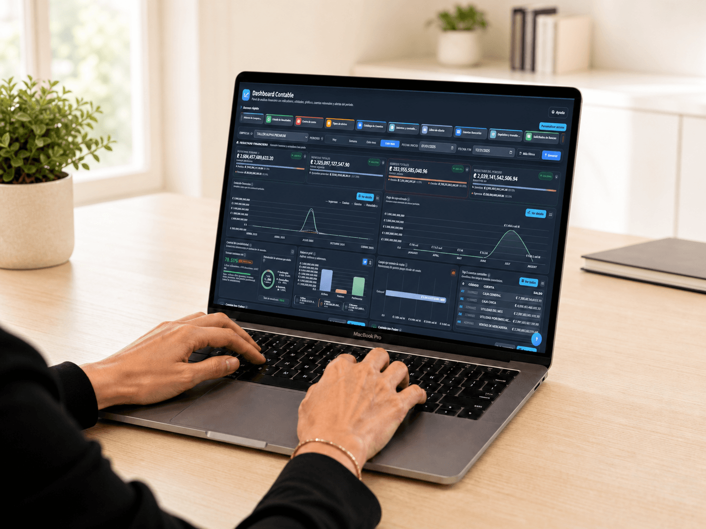 Taller Alpha accounting dashboard showing revenue, expenses and receivables