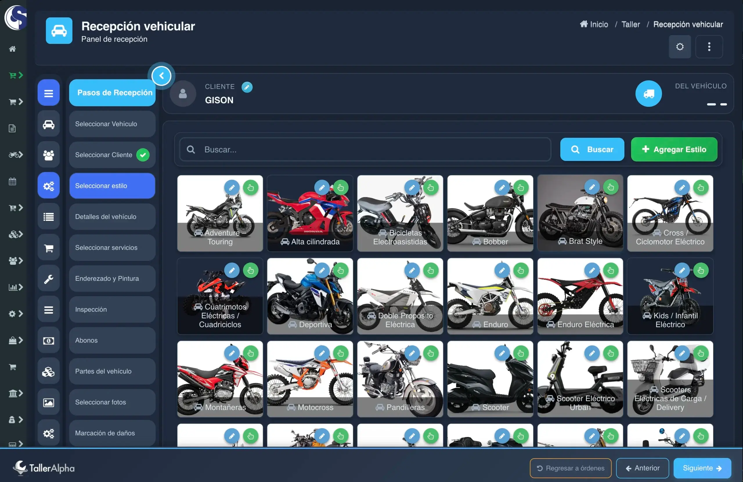 Selección del estilo de motocicleta en el software para taller de motos