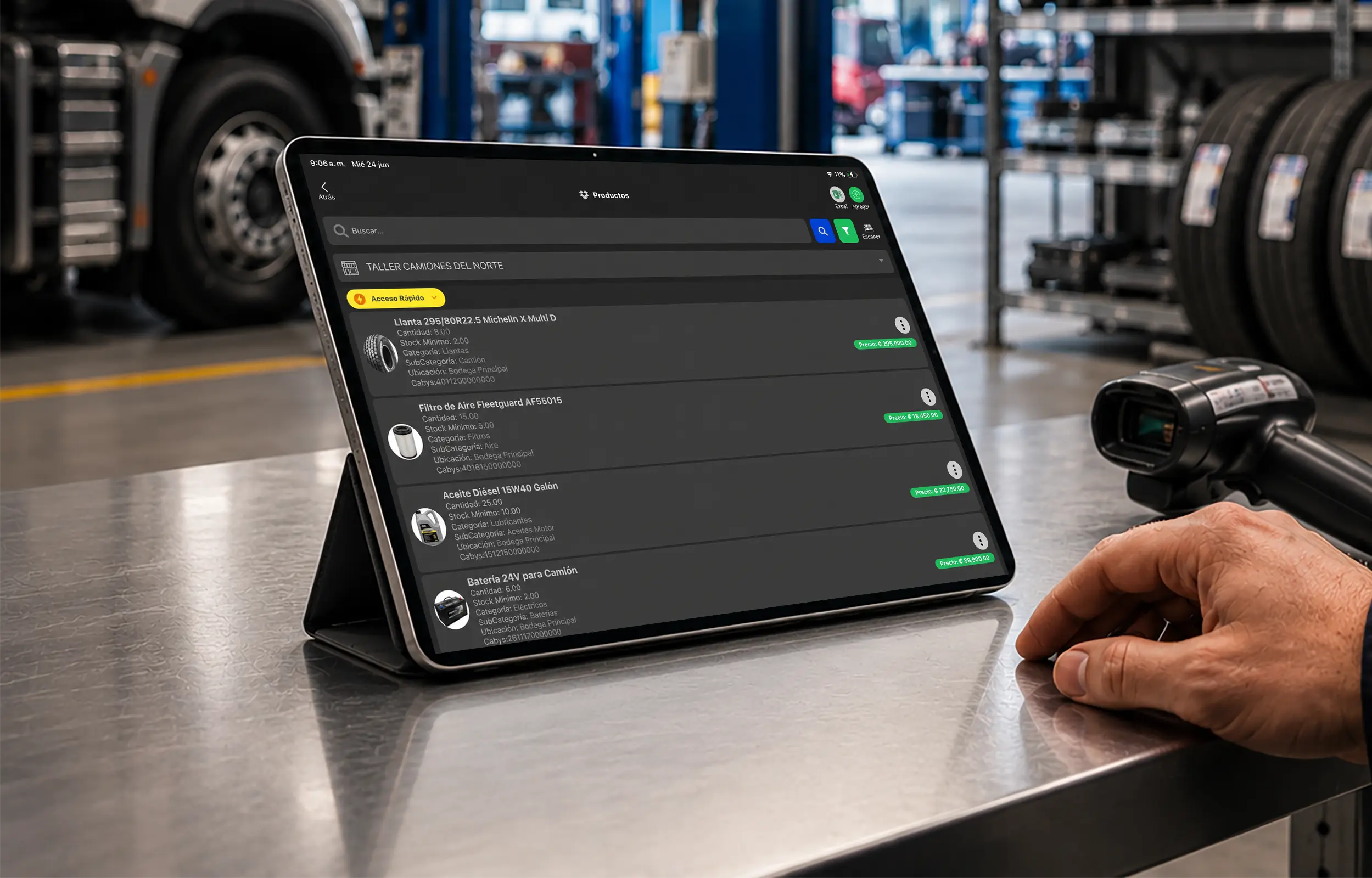 Inventario en tablet para repuestos de camiones y equipo pesado