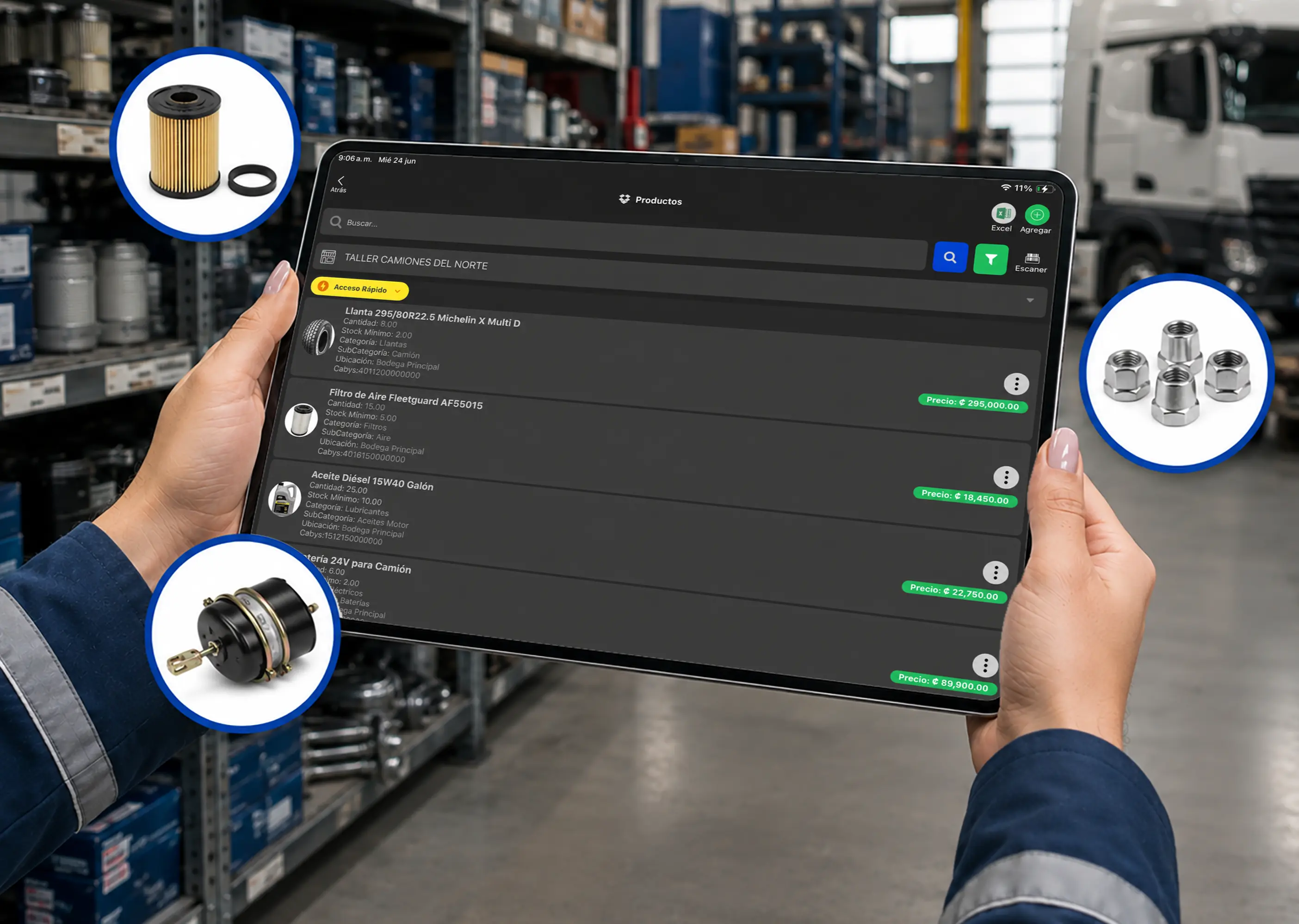 Inventario en tablet para repuestos de camiones dentro del taller