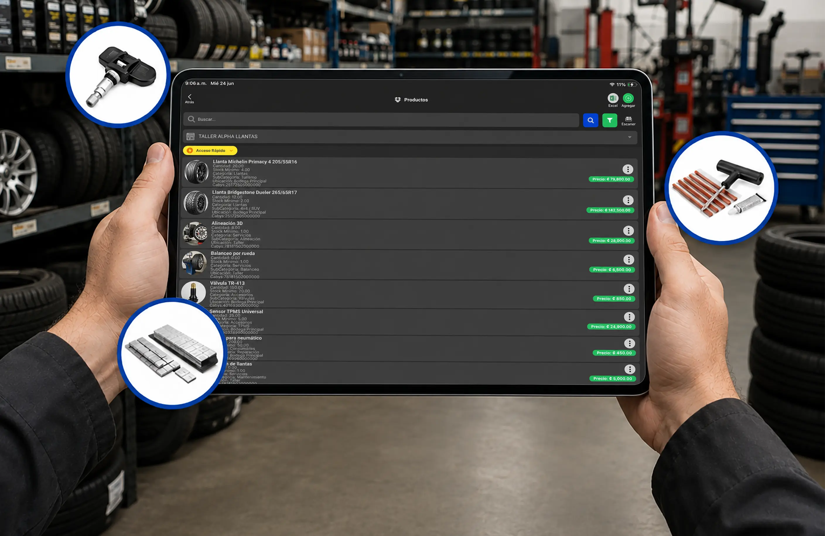 Inventario en tablet para taller de llantas