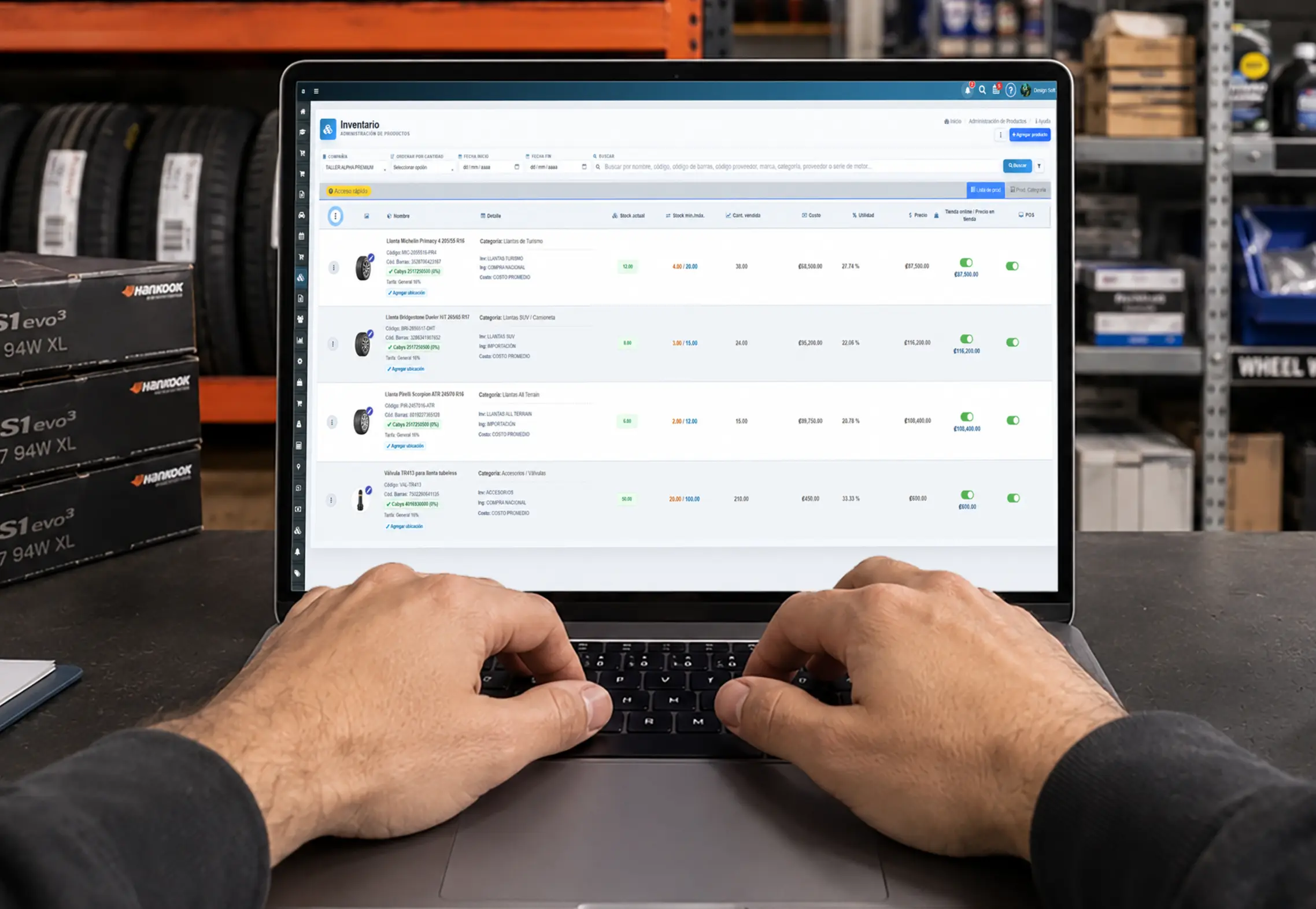 Software de inventario para taller de llantas con medidas, marcas y DOT
