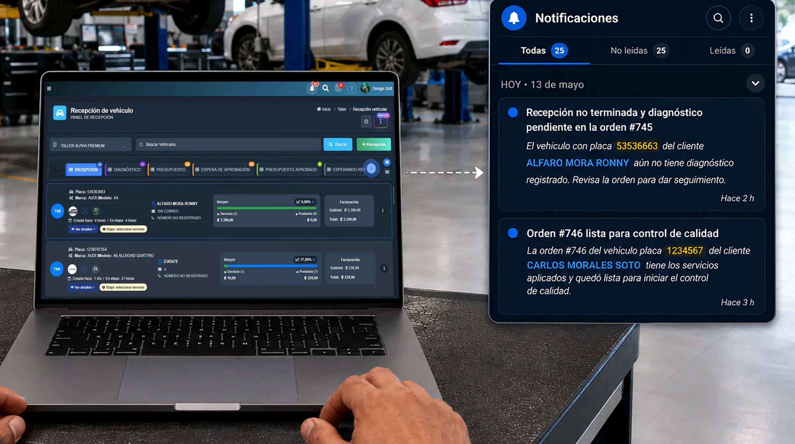 Notificaciones en tiempo real del tablero Kanban para talleres automotrices