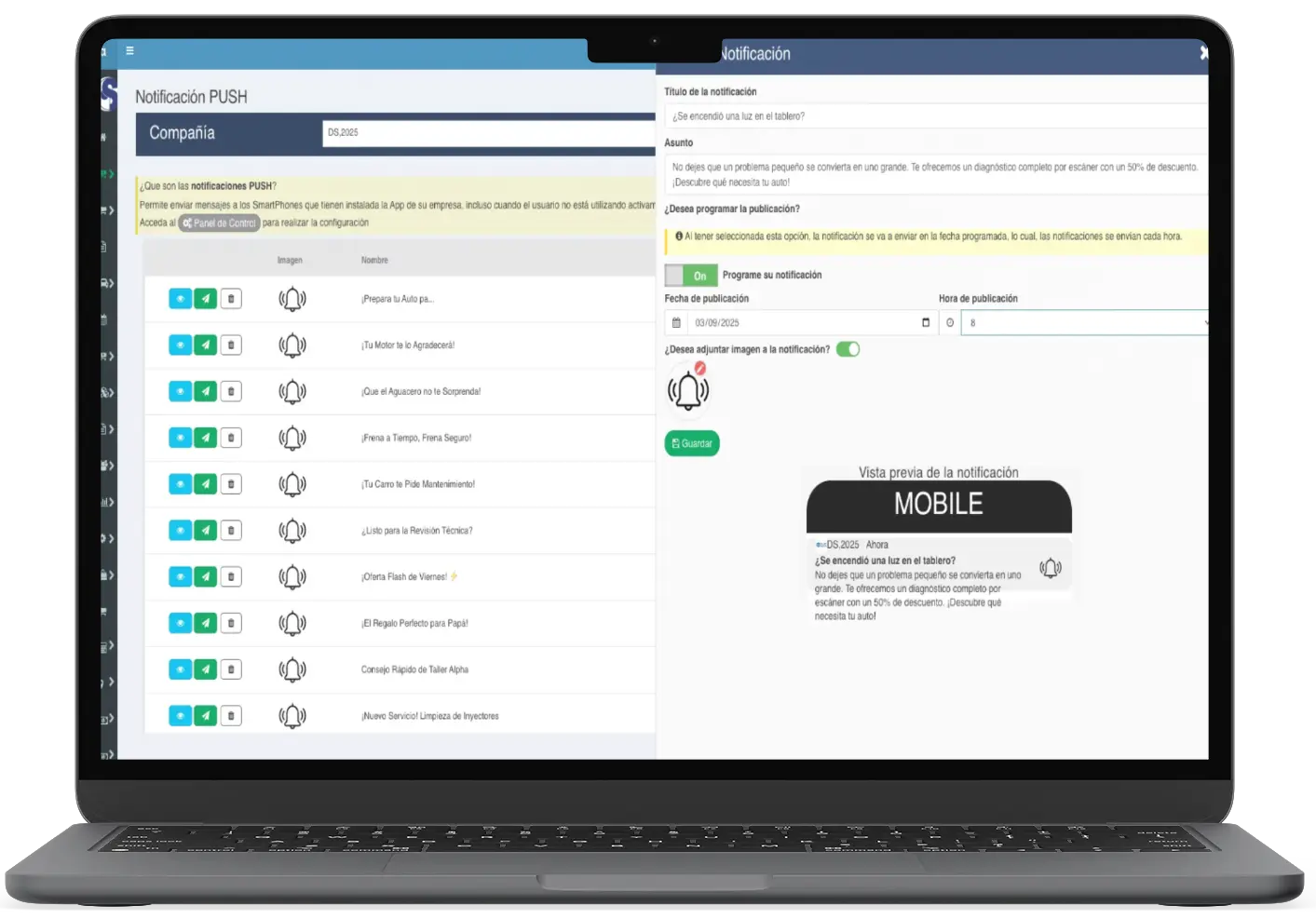 Interfaz de notificaciones push y marketing en tienda en línea de Taller Alpha