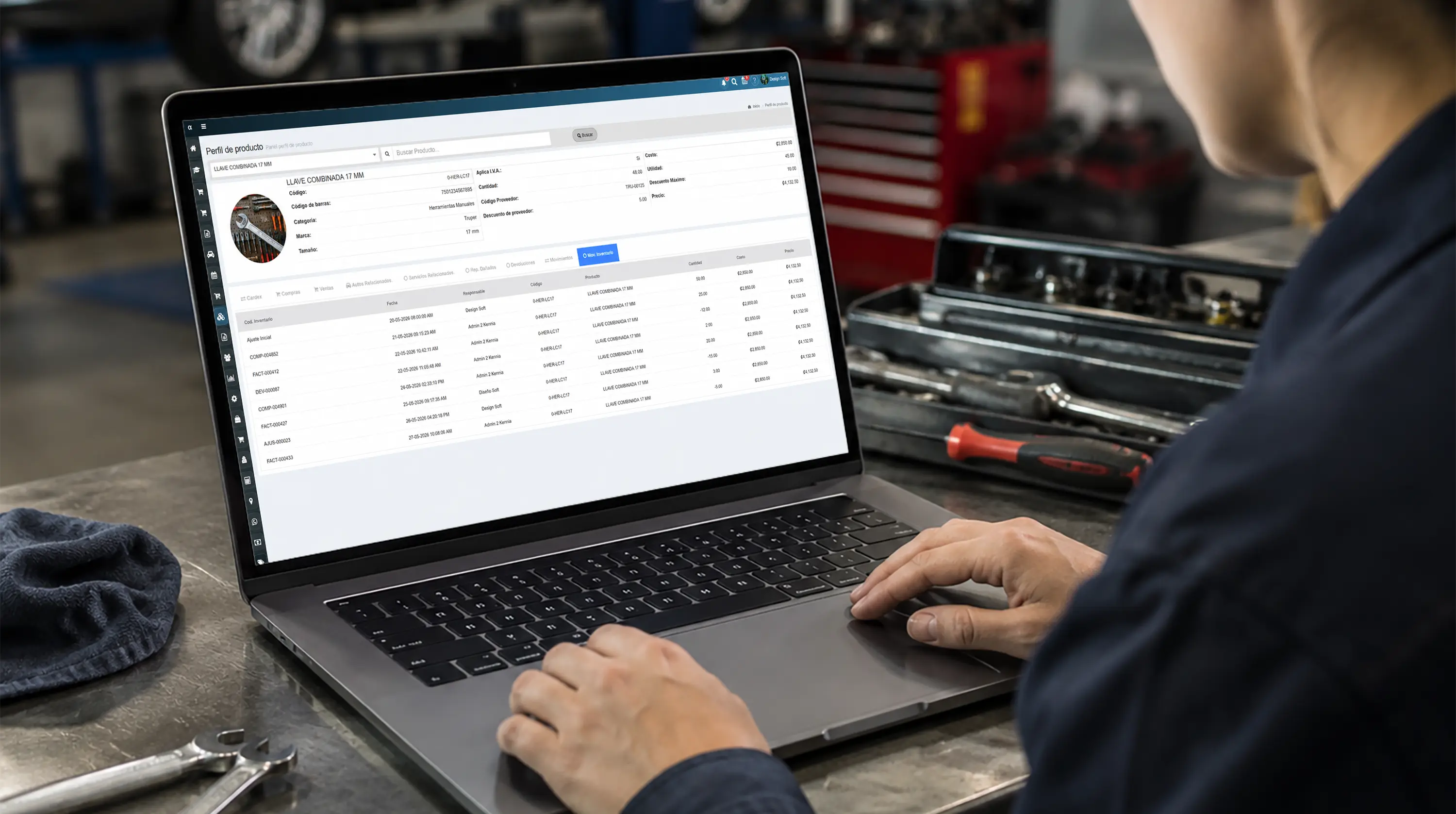 Movimientos logísticos de inventario por producto con código, fechas y cantidades