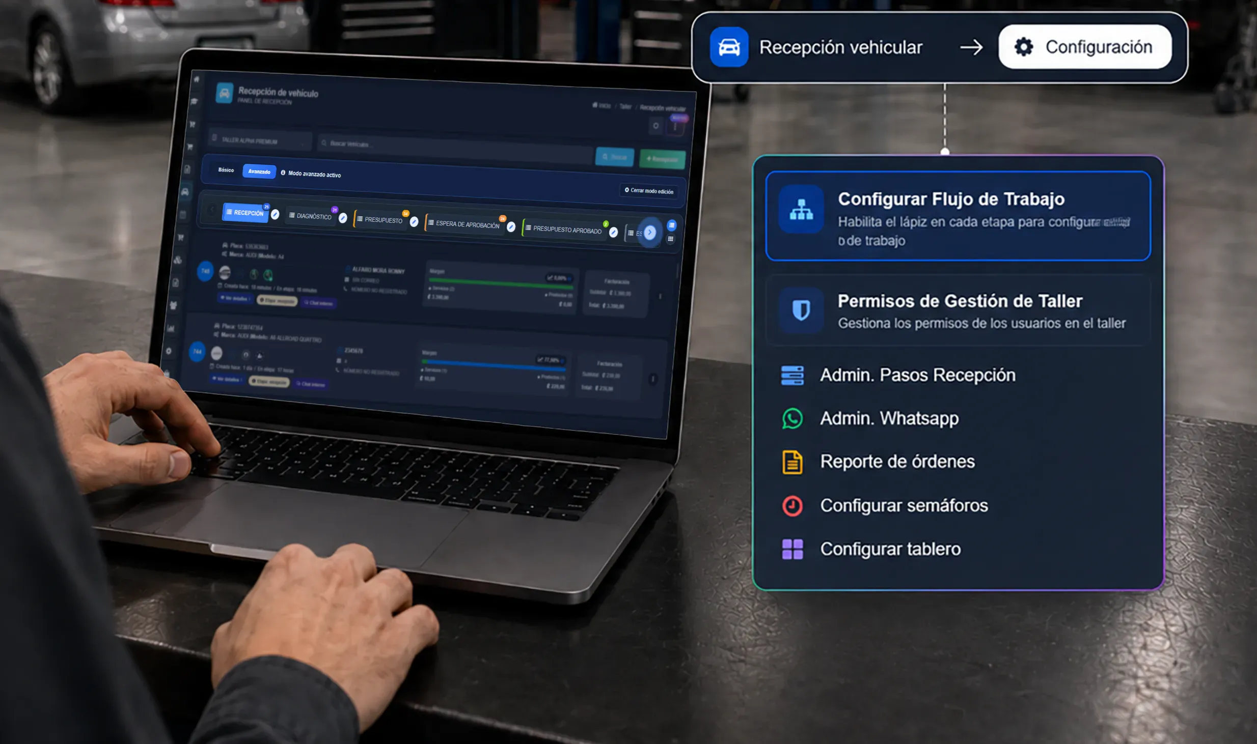 Flujo digital de recepción y etapas de trabajo configurado en Taller Alpha