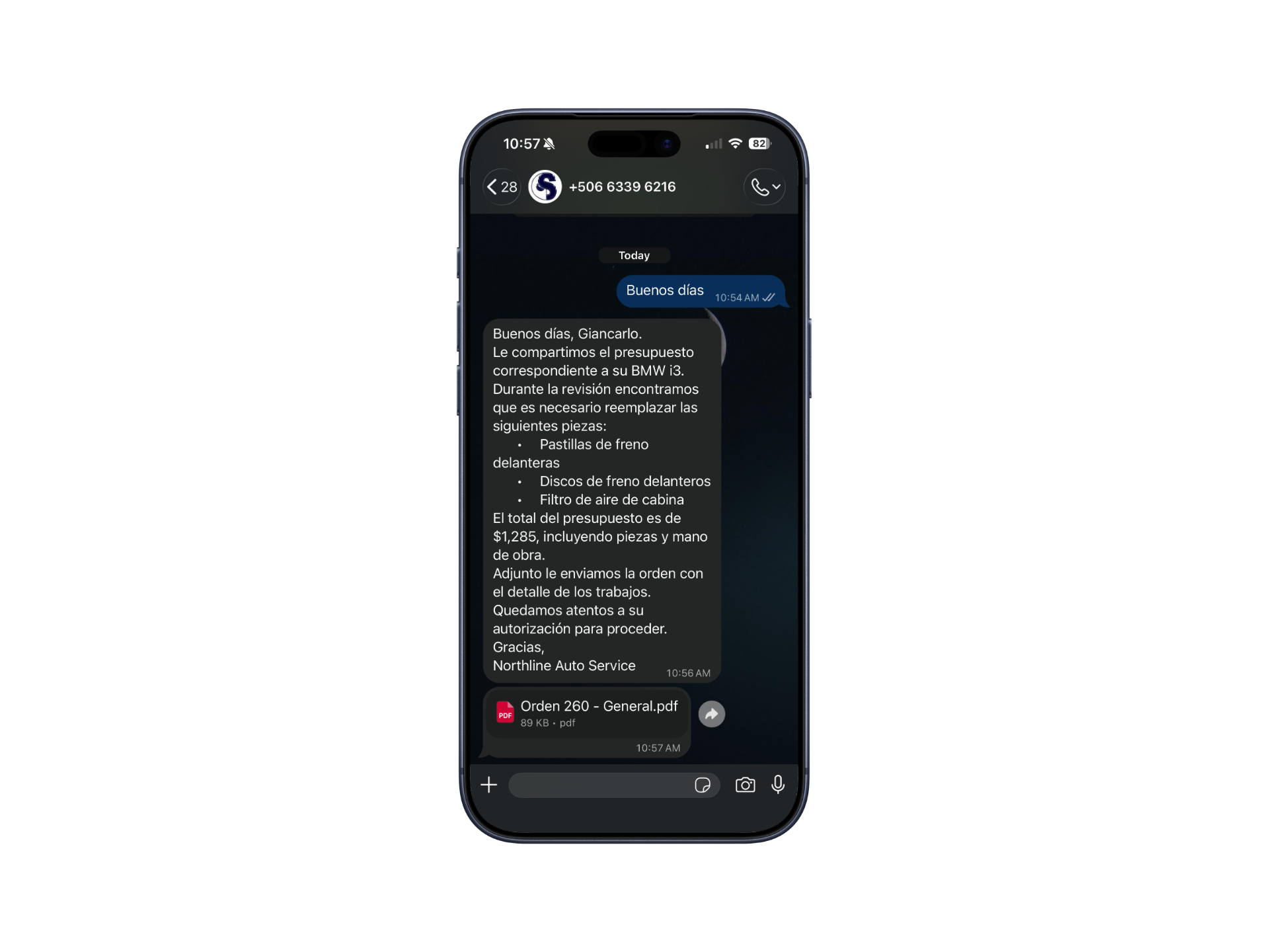 Cliente recibiendo una orden en WhatsApp