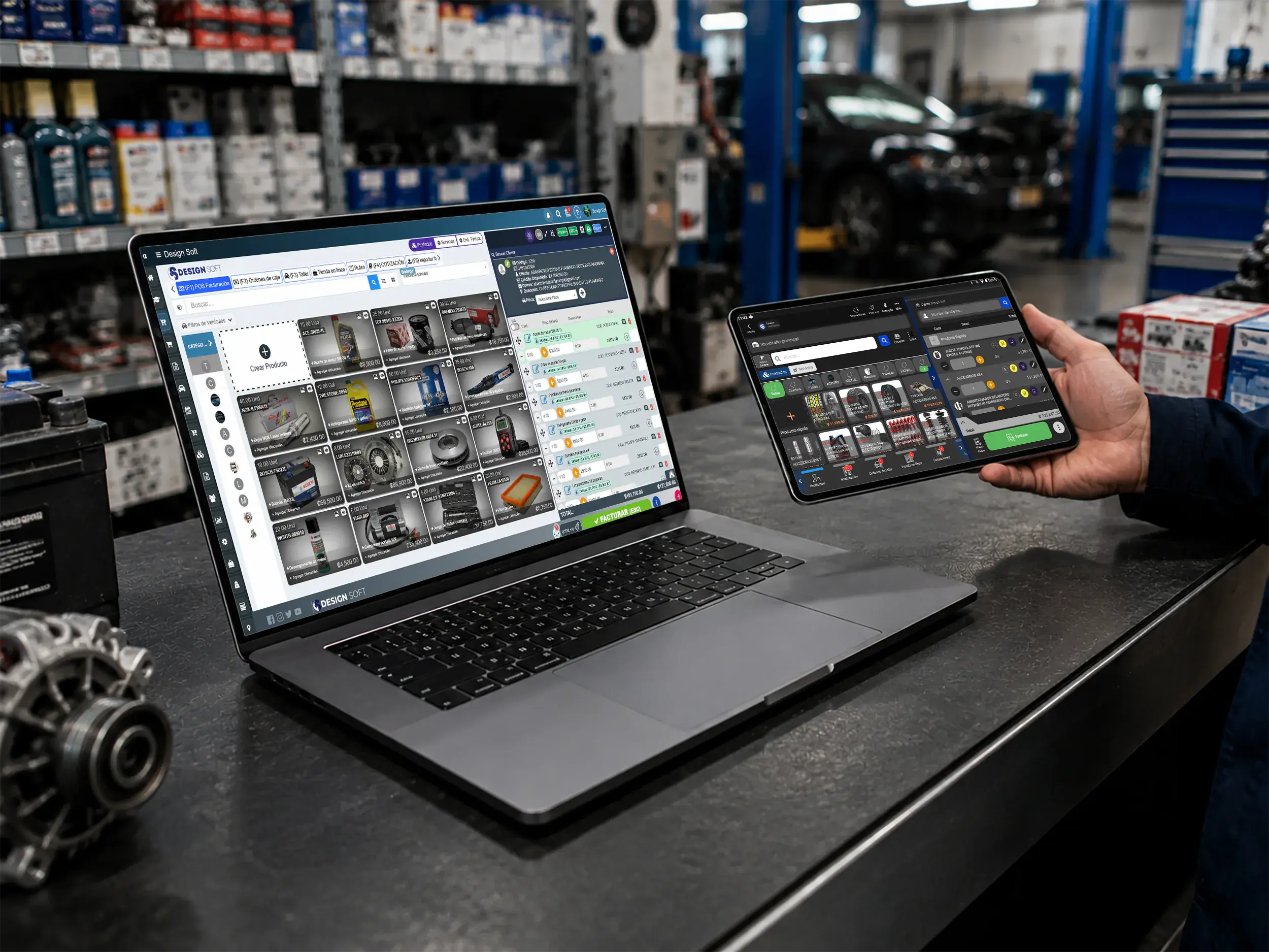 Punto de venta para taller en computadora y tablet para mostrador, caja y recepción