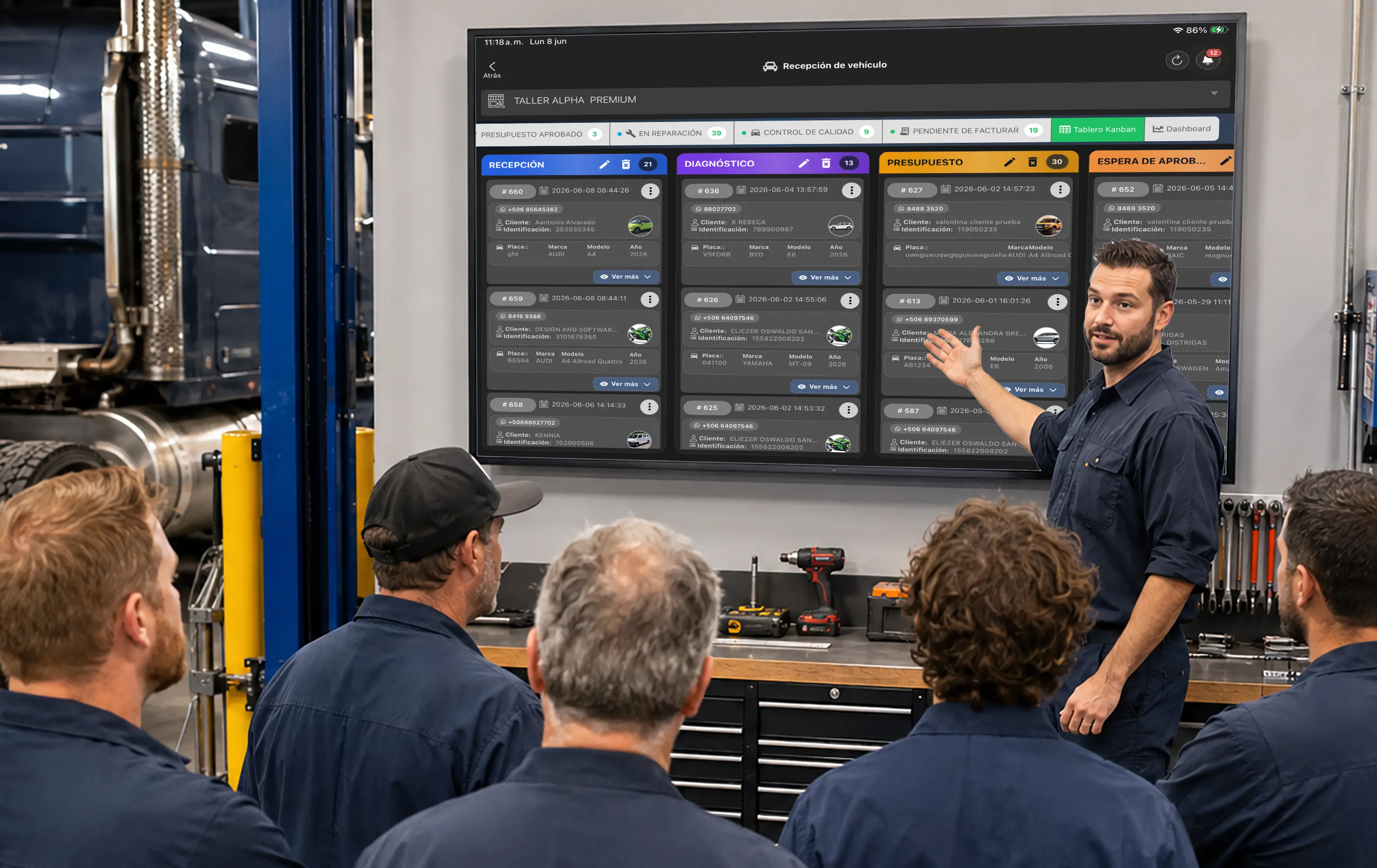 Tablero Kanban para controlar reparaciones en taller de camiones