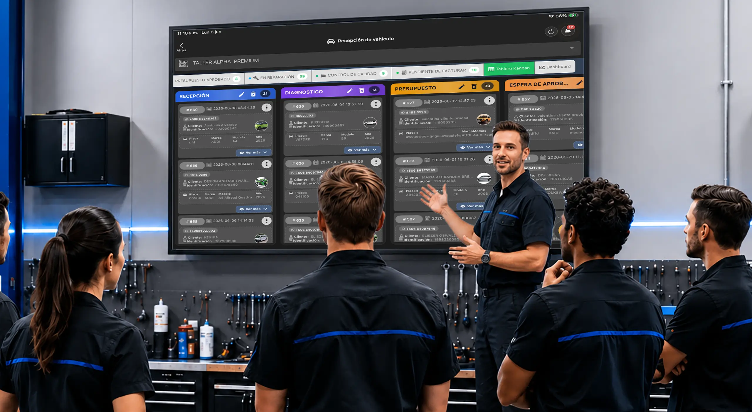 Tablero Kanban para organizar rampas y servicios de taller de llantas