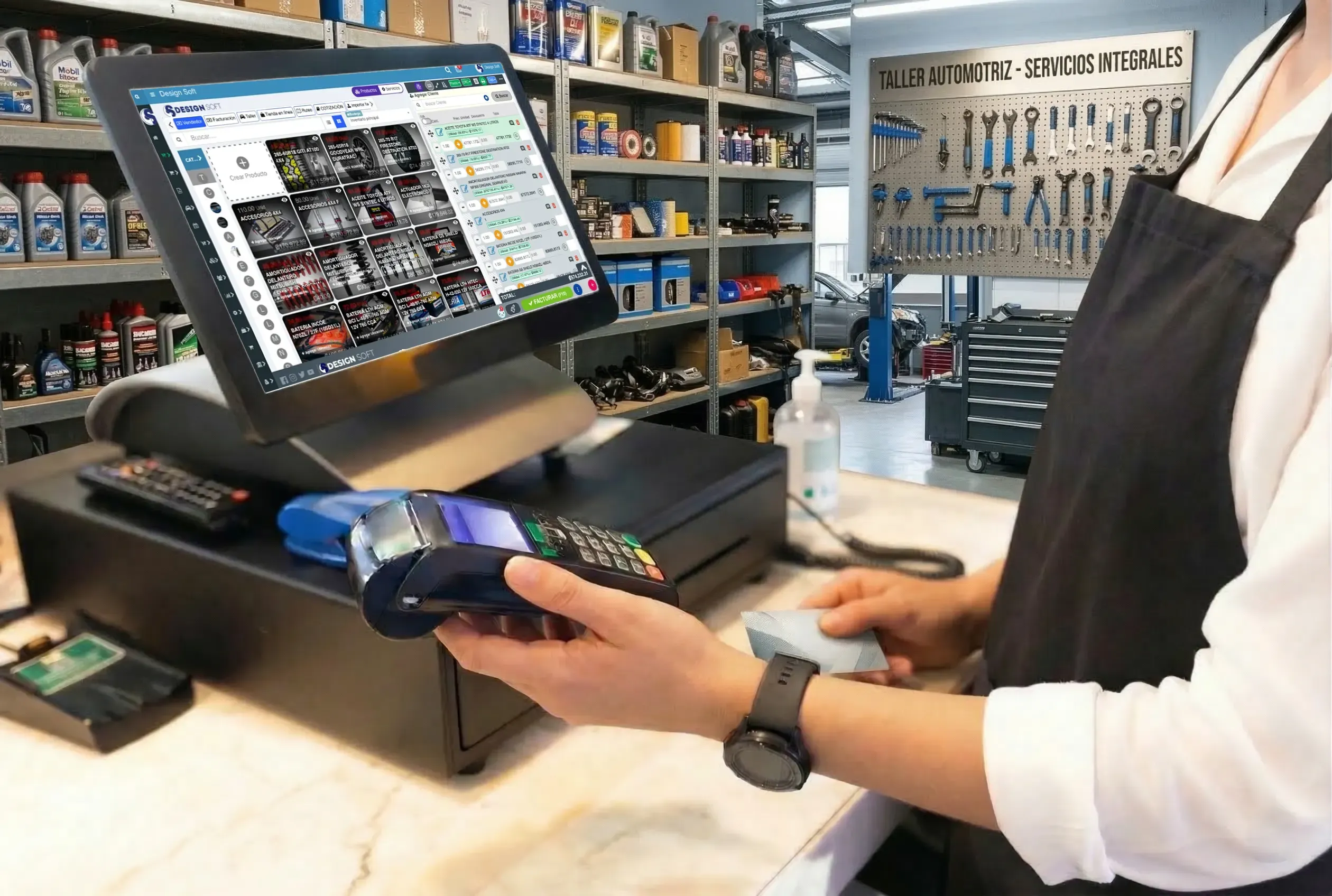 Punto de venta de Taller Alpha con productos, precios y total de una operación