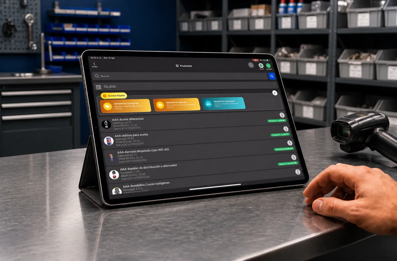 Productos y categorías de inventario de Taller Alpha en una tablet