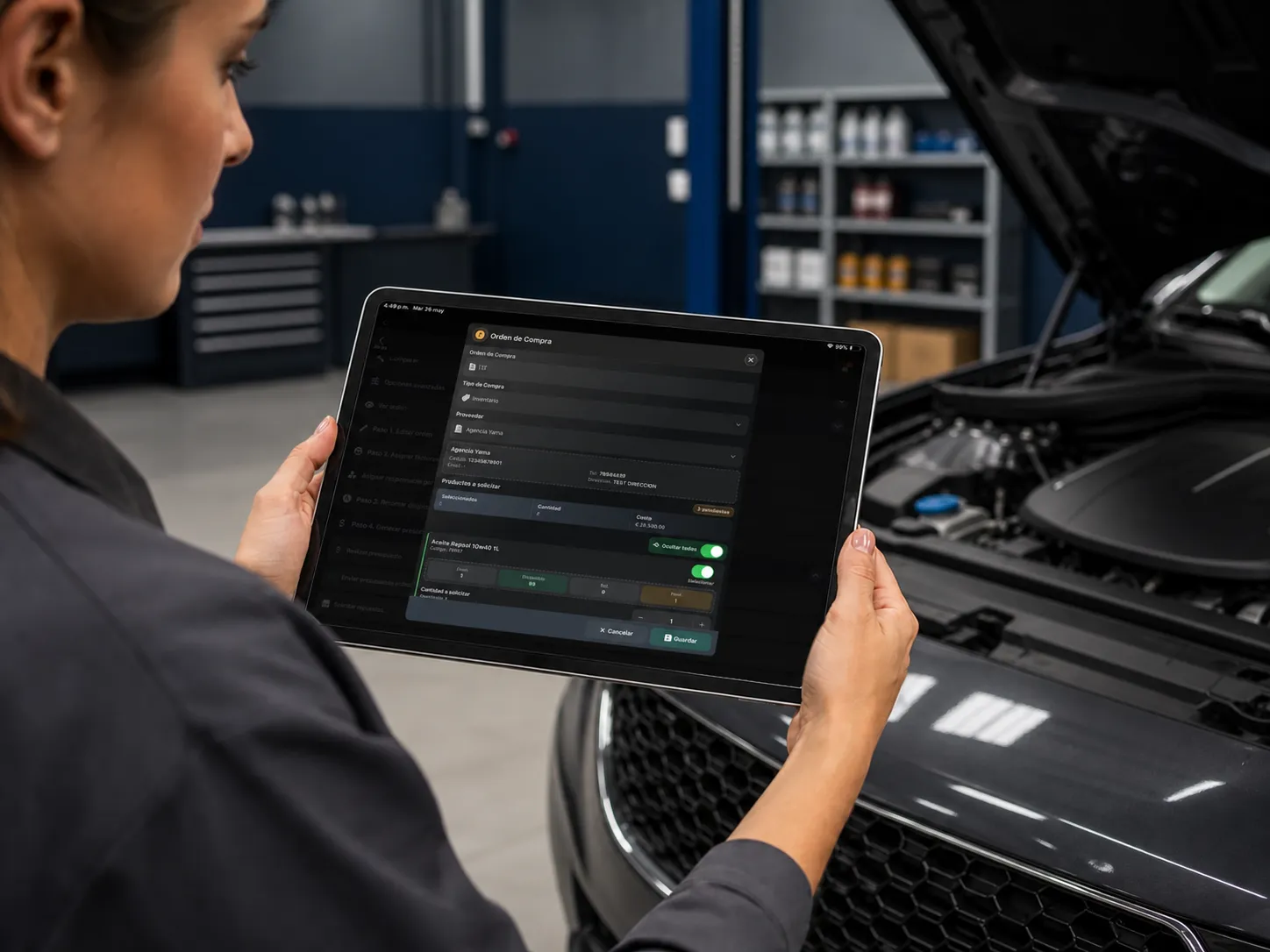 Orden de compra de inventario de Taller Alpha en una tablet