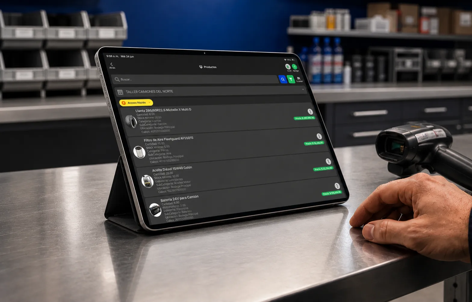 Control de productos y existencias de Taller Alpha en una tablet