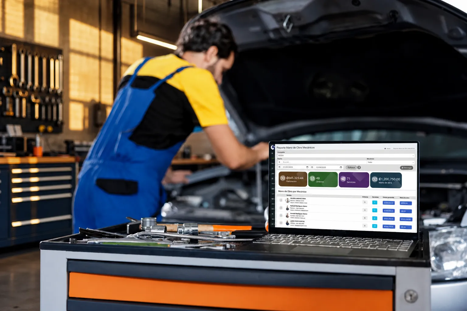 Reporte de mano de obra y mecánicos de Taller Alpha en un taller automotriz
